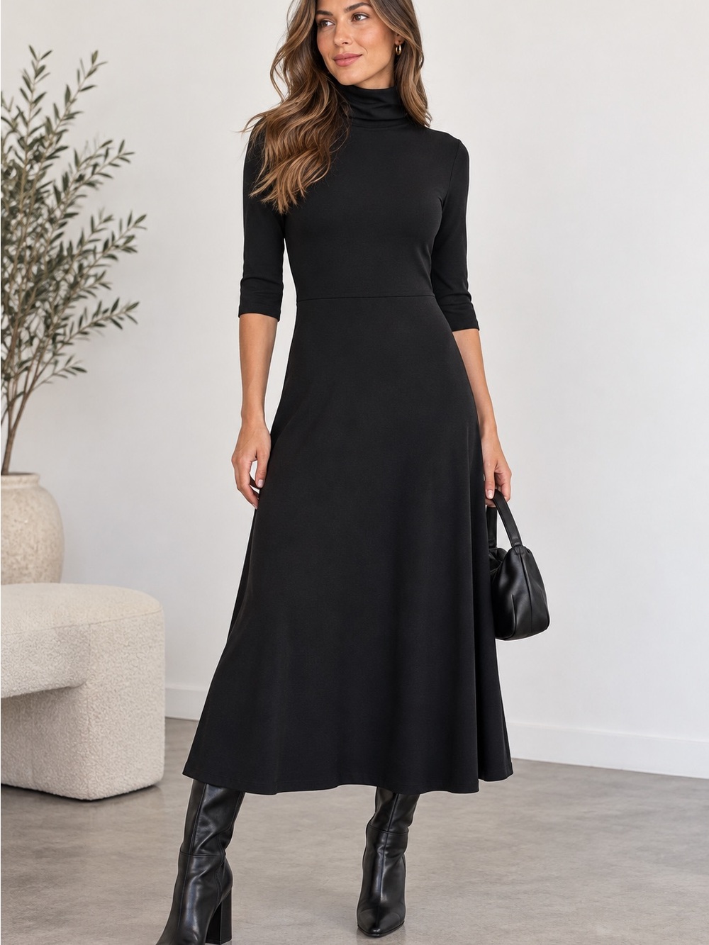 Vince Black Turtleneck Midi Dress Elbow Sleeve Stretch Minimalist Size M